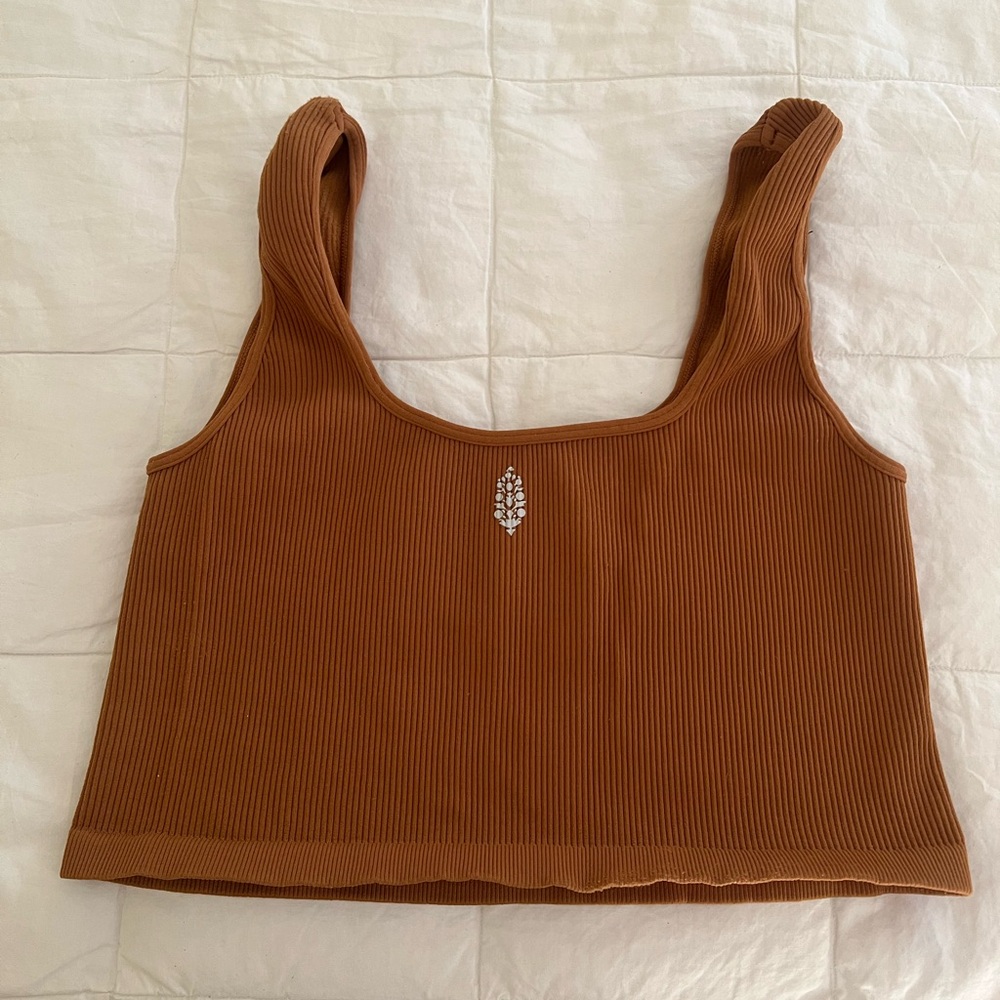 Ribbed Square-Neck Crop Tank - Brown